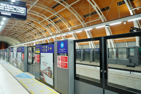 September 28, 2023. Jakarta, Indonesia. The atmosphere of the LRT Jakarta station is quiet at night.