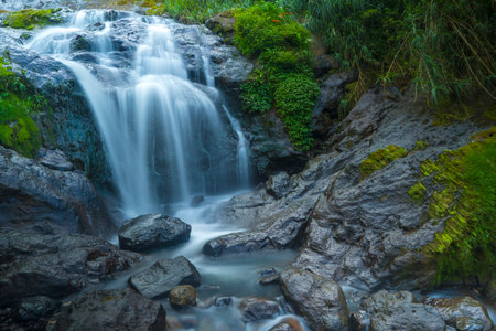 The photo of the Air Terjun Sikarim waterfall in Dieng, Indonesia. The waterfall is located in the...