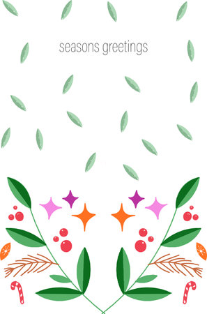 A greeting card with a Christmas tree, ornaments, and the text Seasons Greetings. Illustration vector.のイラスト素材