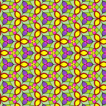 A vibrant seamless pattern of stylized purple and yellow flowers with green leaves, reminiscent of Art Nouveau stained glass. Abstract Illustration.のイラスト素材