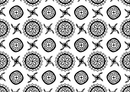 Background pattern featuring a black and white symmetrical design. It resembles a stylish wrapping paper or fabric. Abstract Illustration.のイラスト素材