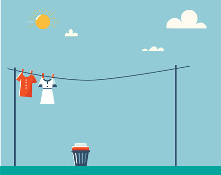 a clothesline strung between two posts, with two kinds of clothing hanging on it to dry in the sun.のイラスト素材