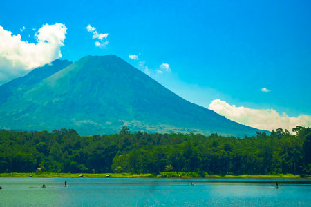a majestic volcano with a calm lake in front of it.