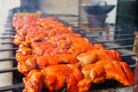 Skewers of shish kebab and chicken cooked on a grill near Ampel area in Surabaya, Indonesia. Street Food Photography.の写真素材