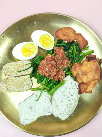 A plate of Indonesian food featuring boiled eggs, tempeh, chicken, and sambal.の写真素材
