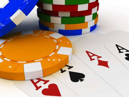 3d illustration of a poker chip stack with four acesの写真素材