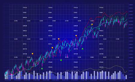 Business chart with line graph and stock numbers on dark blue background (vector)のイラスト素材