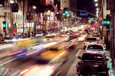 Corner of Hollywood and Highland Boulevard at nightのeditorial素材