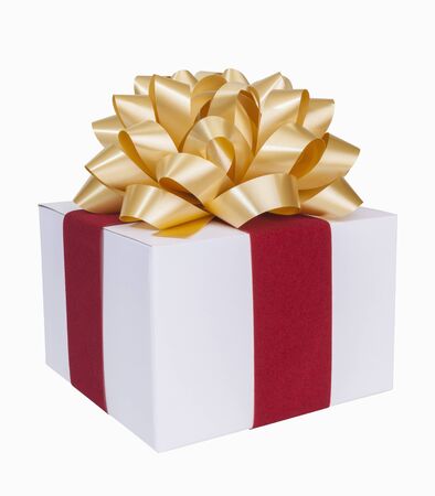 Christmas present with gold bow and ribbonの写真素材