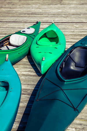 Kayaks on wooden pier, Whidbey Island, Washingtonの写真素材