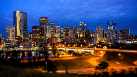 Night shot of downtown Calgary in  Canadaの写真素材