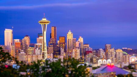 Seattle city skyline at dusk. Downtown Seattle cityscape with Space Needle.の写真素材