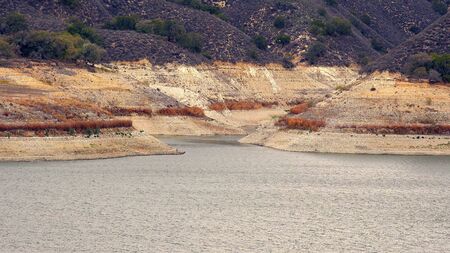 Low water levels at Lake Cachuma in Santa Barbara County due to the severe drought in Californiaの写真素材