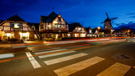 The Danish inspired town of Solvang, California at nightのeditorial素材