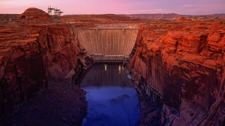 Glen Canyon Dam at sunset in Page, Arizonaの写真素材