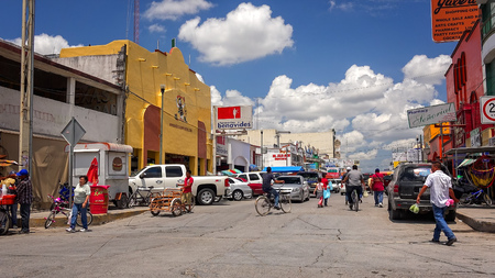 Busy intersection and street in the Mexican border town of Nuevo Progreso, Mexico
