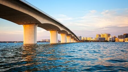 City of Sarasota, Florida across elevated bridge and bayの写真素材