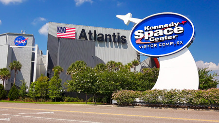 NASA Kennedy Space Center Visitor Complex entrance sign in Cape Canaveral, Floridaのeditorial素材