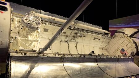CAPE CANAVERAL, FLORIDA - JUNE 14th: The open cargo bay of the space shuttle Atlantis at the Kennedy Space Center in Cape Canaveral, Florida on June 14th, 2016.のeditorial素材