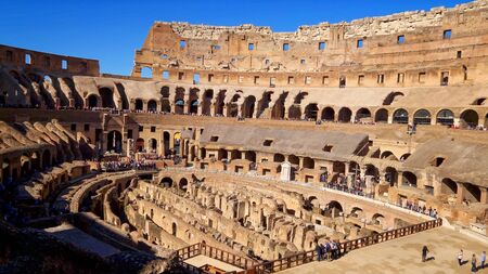 Roman Colosseum interior shows architectural details in Rome, Italyのeditorial素材
