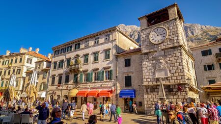 Medieval clock tower in the main town square of Kotor, Montenegroのeditorial素材