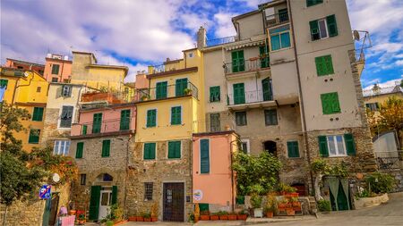 CORNIGLIA, ITALY - NOVEMBER 14th: Colorful apartment houses in the Cinque Terre village of Corniglia in the province of La Spezia on November 14th, 2017のeditorial素材
