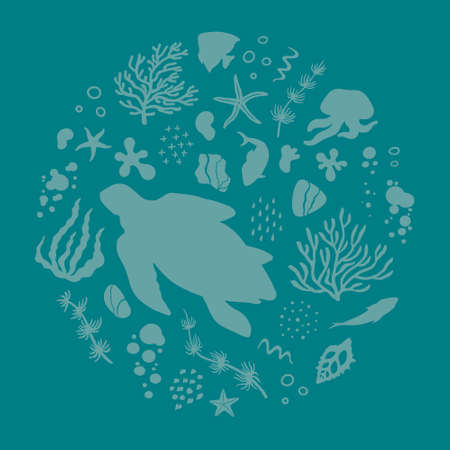 Abstract round illustration of summer time concept. Underwater set of silhouettes