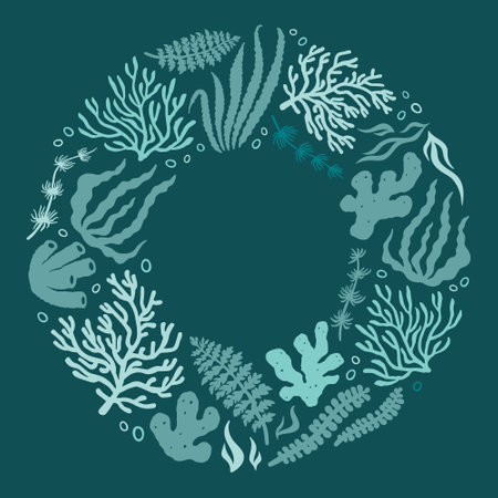 Abstract illustration of summer time concept. Round wreath with marine objectsのイラスト素材