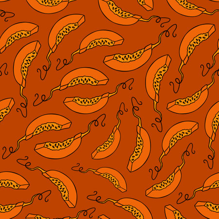 Autumn seamless pattern, square background, seasonal fall holidays, hand drawn pumpkinsのイラスト素材