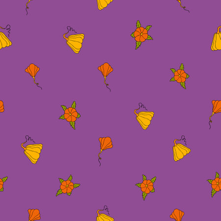 Autumn seamless pattern, square background, seasonal fall holidays, hand drawn pumpkinsのイラスト素材