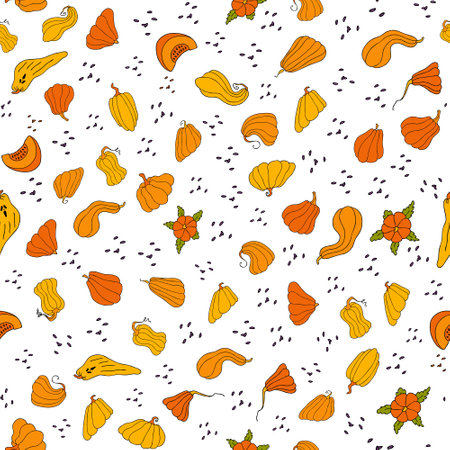 Autumn seamless pattern, square background, seasonal fall holidays, hand drawn pumpkinsのイラスト素材