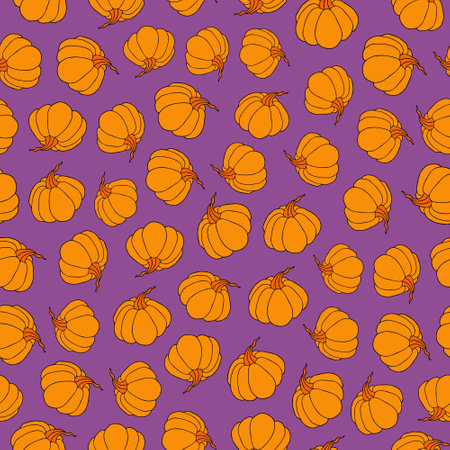 Autumn seamless pattern, square background, seasonal fall holidays, hand drawn pumpkinsのイラスト素材