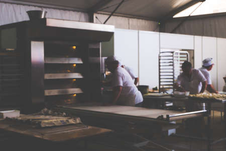 Blurred bakery shop in wholesale store with baking machine, oven, conveyor, production line, mixer...