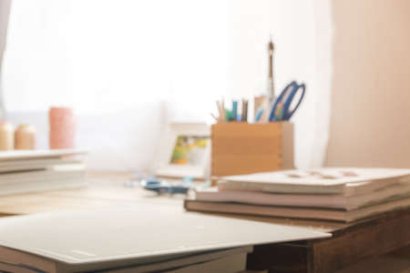 defocused curtain window and stationery box with sunlight .For montage product display or design key visual layoutの写真素材