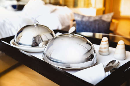Delicious room service. Breakfast in 5- Star hotel. In room dining.の写真素材