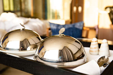 Delicious room service. Breakfast in 5- Star hotel. In room dining.の写真素材