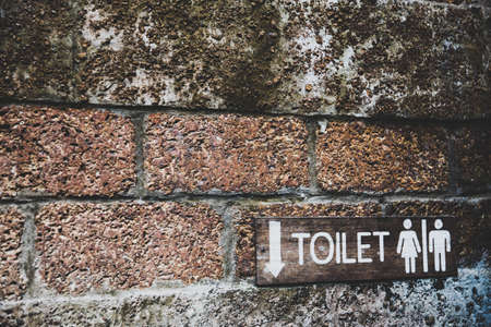 A wooden toilet sign on the old brick wall in vintage natural style concept.の写真素材