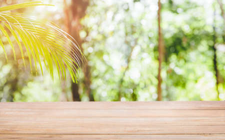 Wood table top on blur natural green Tropical  leaf in the morning - can be used as mock up or copy...