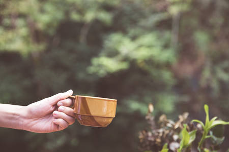 Female hand holding a cup of coffee on a green natural morning background.の写真素材