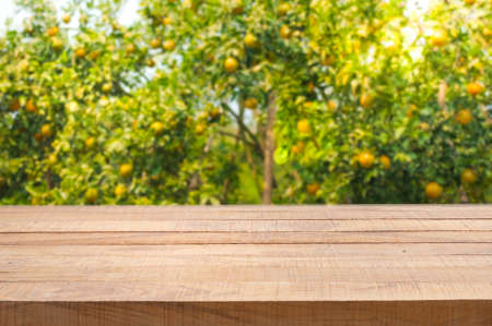 Empty of Wood table top with blur of orange garden in the morning. For montage product display. can be used as mock up or copy space for product presentationの写真素材