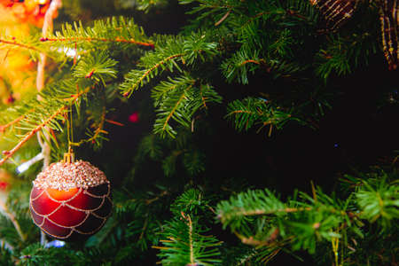 Close up of shiny bauble hanging on the Christmas tree with other toys. Can be used for background.の写真素材