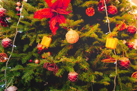 Beautiful decorated Christmas tree with toys, gift box, little pine, lights and bauble. Chritmas and Happy New year concept. Can be used for backround.の写真素材