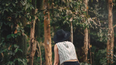 Asian young woman looking in the mystery forest. balance, spirituality and nature concept. Copy Spaceの写真素材