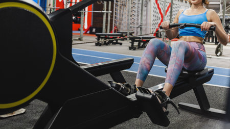 Movement: Fit and focused young woman in sportswear working out on a rowing machine during an exercise session alone in a gym.の写真素材