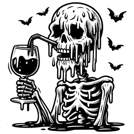 Halloween skull with a glass of wine and bats. Vector illustrationのイラスト素材