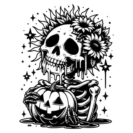 Skull with sunflower and bones. Vector illustration for Halloween.のイラスト素材