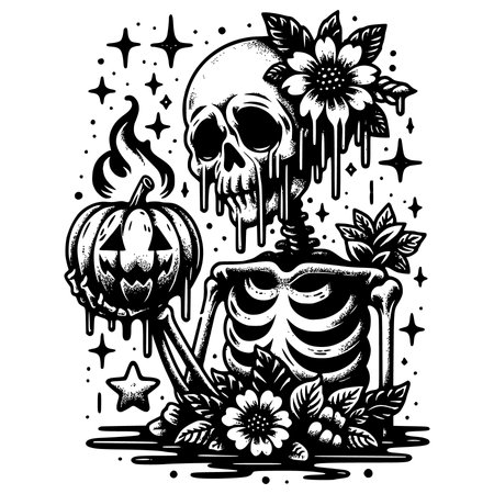 Skull, bones and flowers. Black and white vector illustration.のイラスト素材