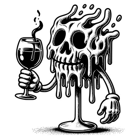 Skull with a glass of wine. Hand drawn vector illustration.のイラスト素材