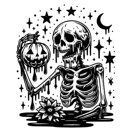 Halloween skeleton with pumpkins, moon and stars. Vector illustration.のイラスト素材
