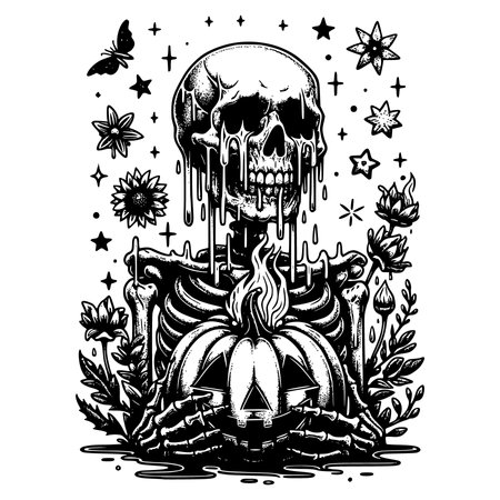 Gothic design with skull, flowers and stars. Vector illustration.のイラスト素材